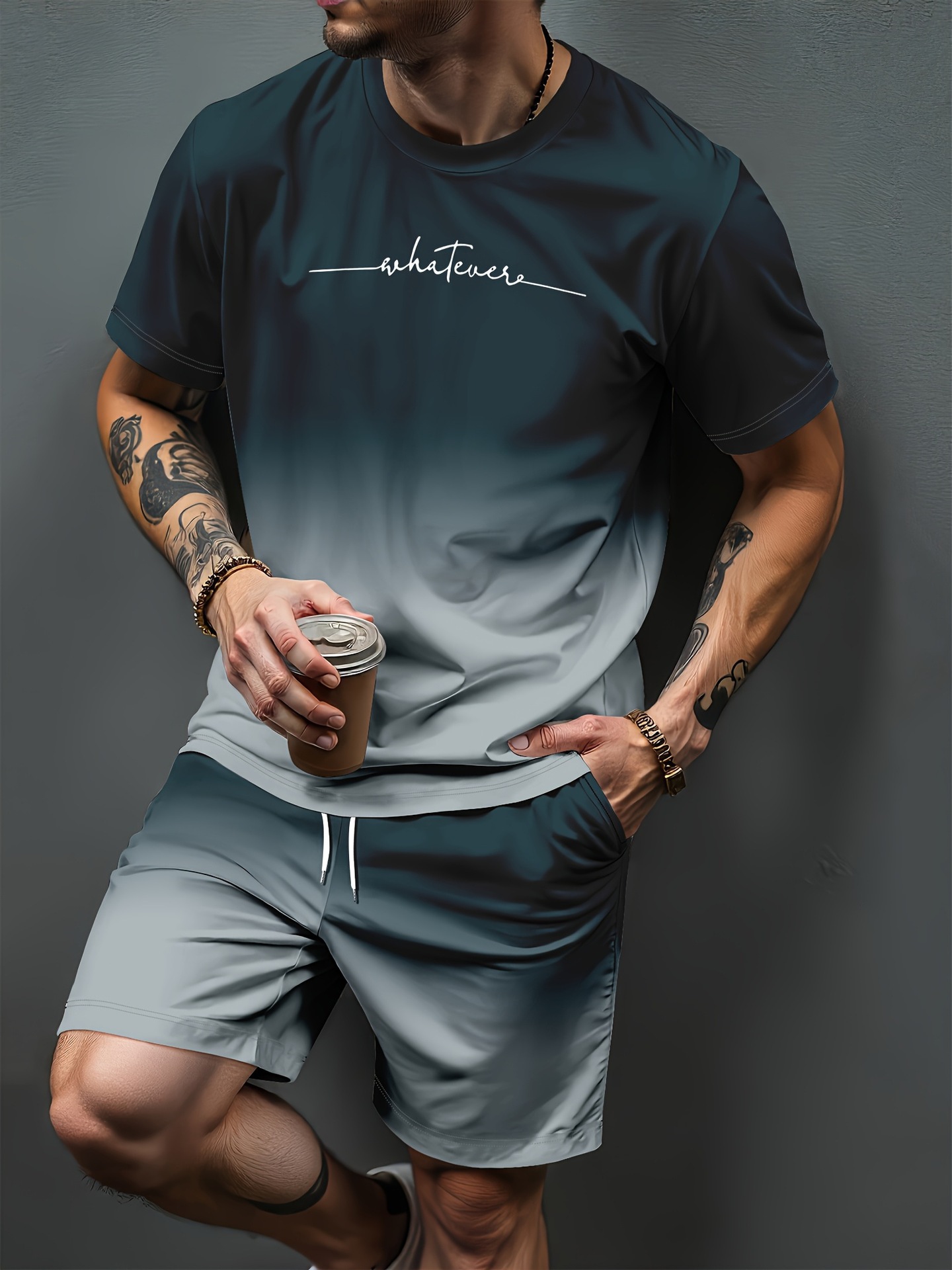 Summer Clothing Styles - Degrade Mektup Desen 3D Baskı Eşofman