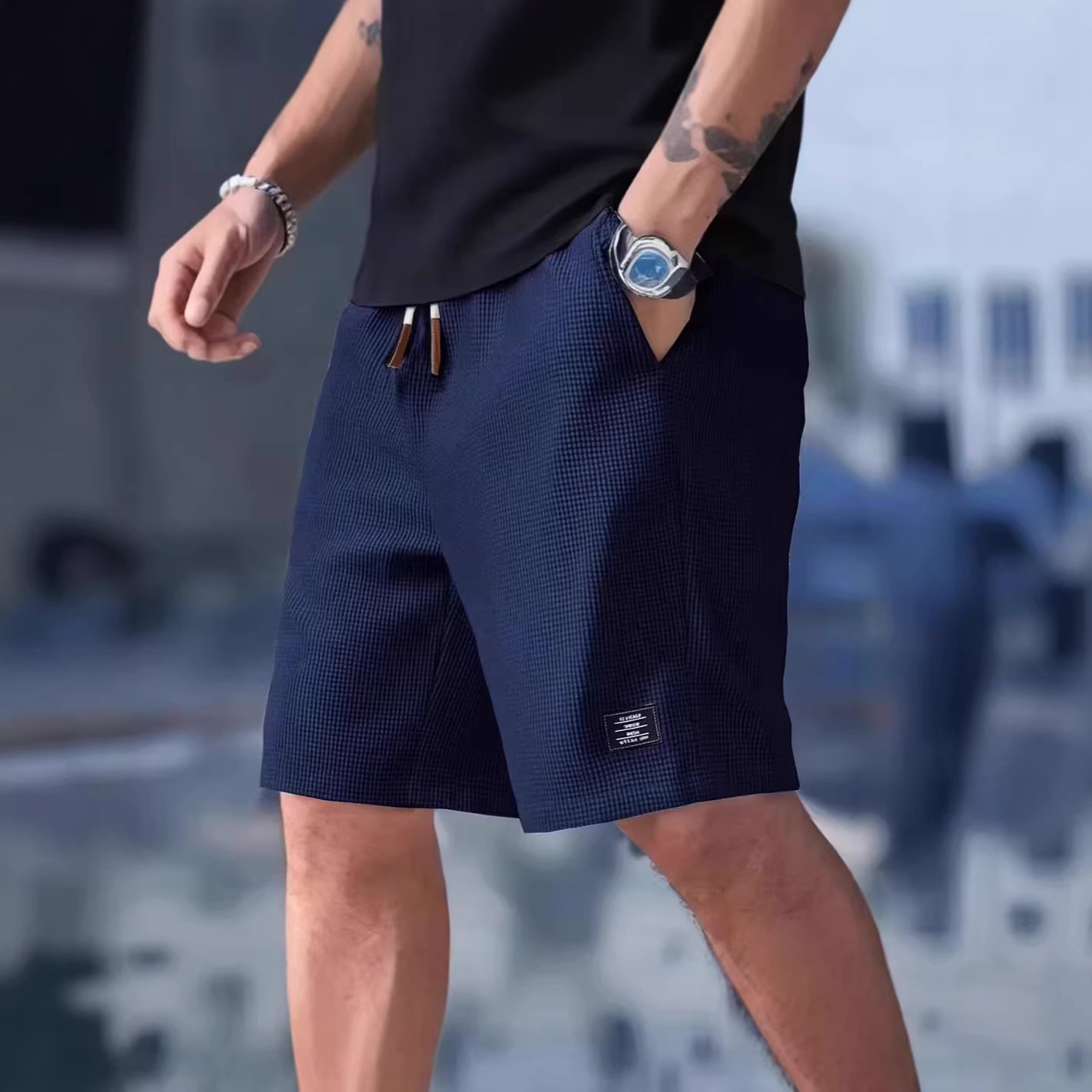 Summer Clothing Deals - Erkek Kısa Pantolon Siyah Waffle Oversize