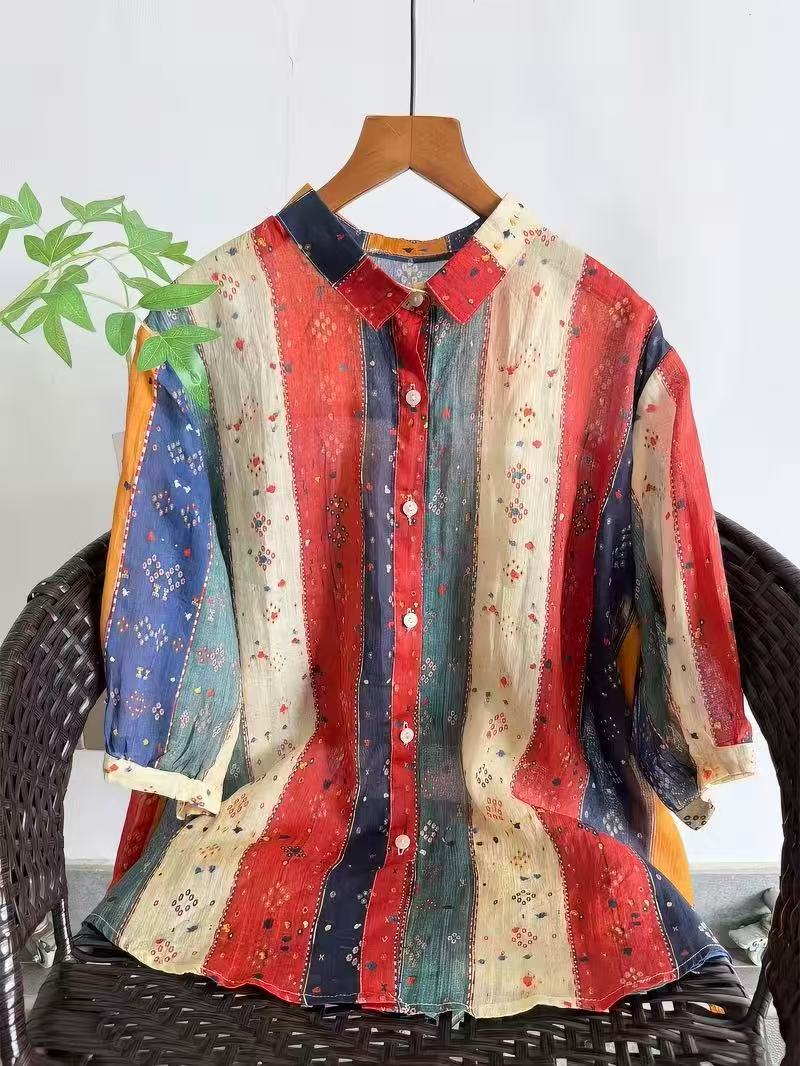 Summer Clothing In Japan - Bohemian %100 Rami Kadın Gömlekleri ve