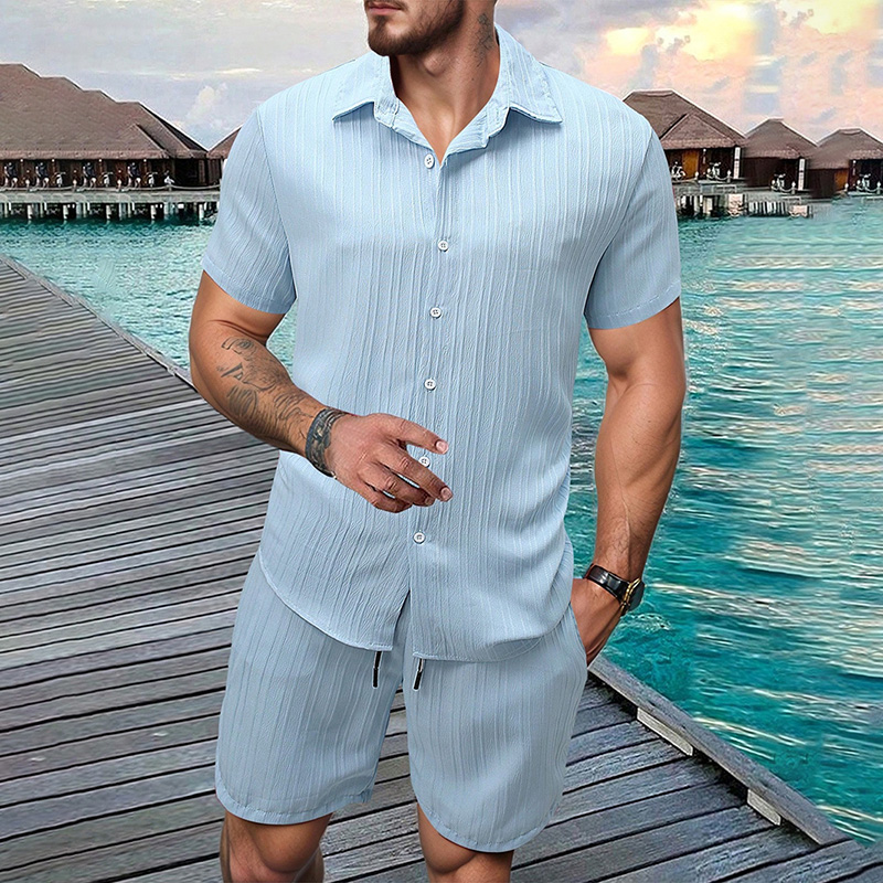 Summer Clothing Sets Men - 2026 Yeni Erkek Dikey Kırışık Yaka