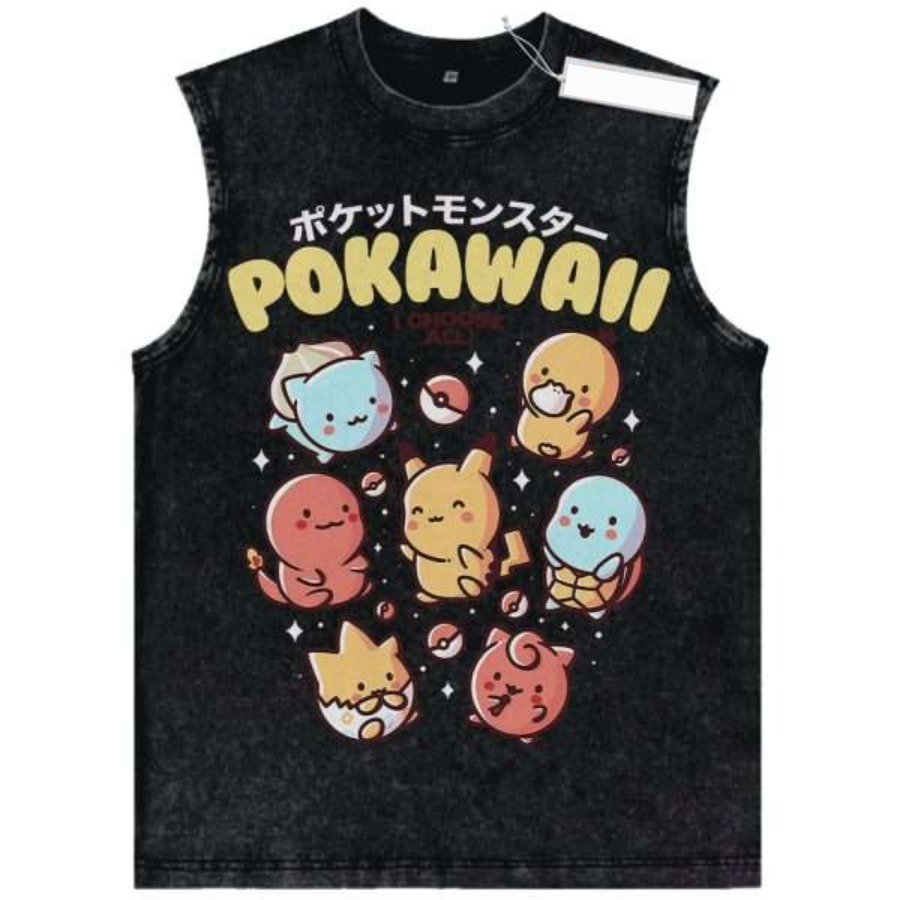 Vintage Summer Clothing Men - Vintage Yıkanmış Pokemon Tank Top Erkek